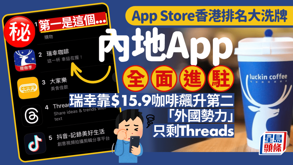 香港App Store排行榜首5名大洗牌！內地App包攬3席 瑞幸咖啡/拼多多推優惠排名飆升