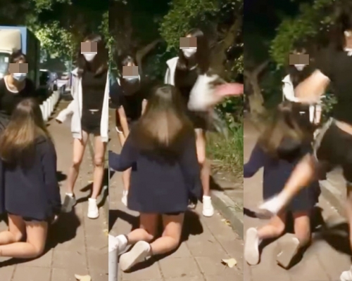 天水圍童黨狂摑少女逾30巴，又迫對方踢腹背。影片截圖
