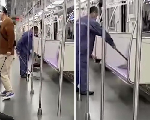 上海地铁清洁工被发现用地拖擦座椅。(网图)