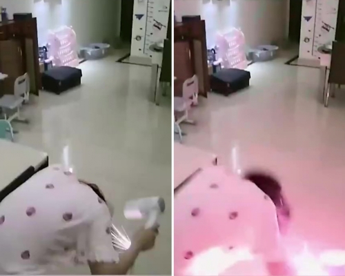 女子吹頭髮時風筒突然短路,火花四濺場面嚇人。