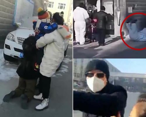 黑龙江男欲打尖检测踢倒义工，其妻跪地劝阻。（网图）