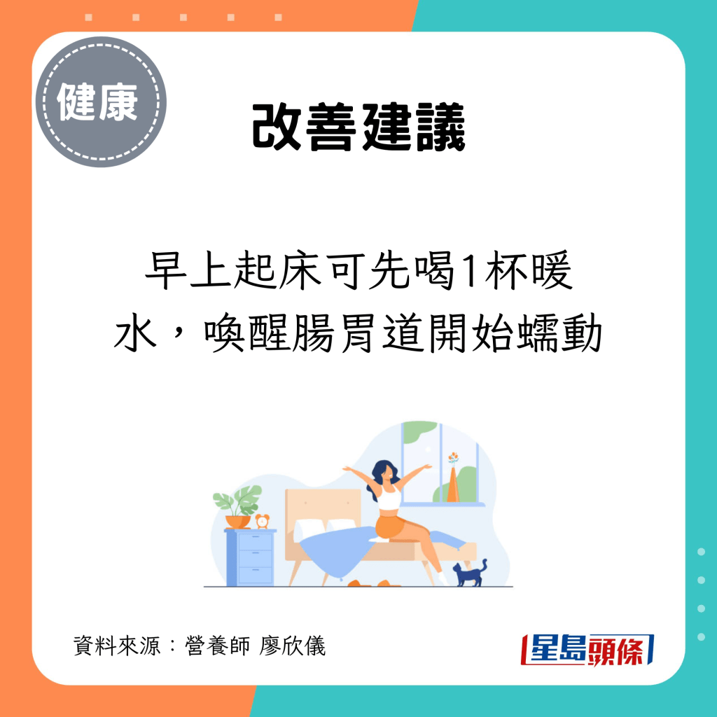 早上起床可先喝1杯暖水，唤醒肠胃道开始蠕动