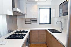 廚房設有雙邊櫥櫃，明確分隔出洗滌、備餐區域。