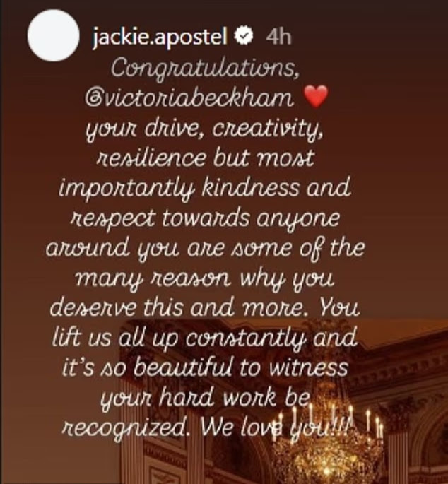 三仔Cruz的女友Jackie Apostel現身支持之外，更發文祝賀Victoria。