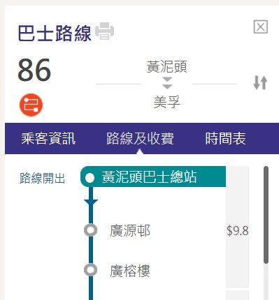 86號線巴行走美孚與沙田黃泥頭。九巴網頁截圖