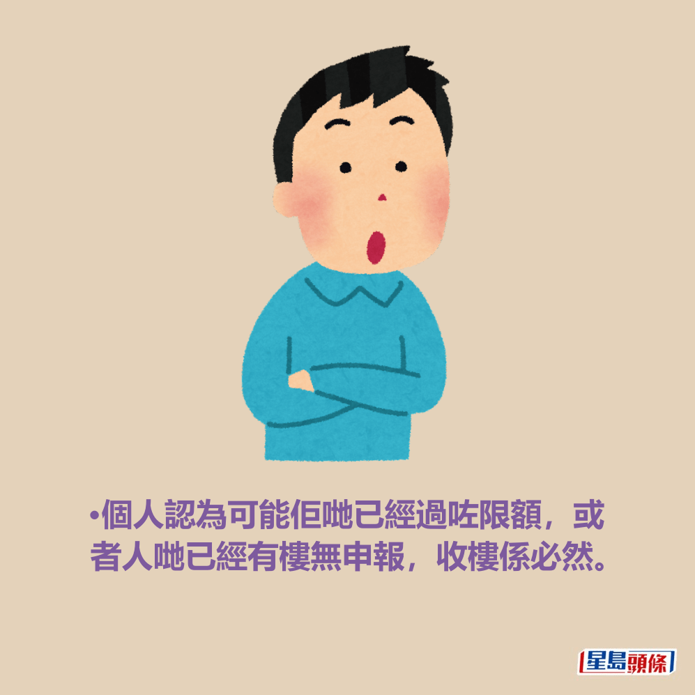 •個人認為可能佢哋已經過咗限額,或 者人哋已經有樓無申報,收樓係必然。 •個人認為可能佢哋已經過咗限額,或 者人哋已經有樓無申報,收樓係必然。
