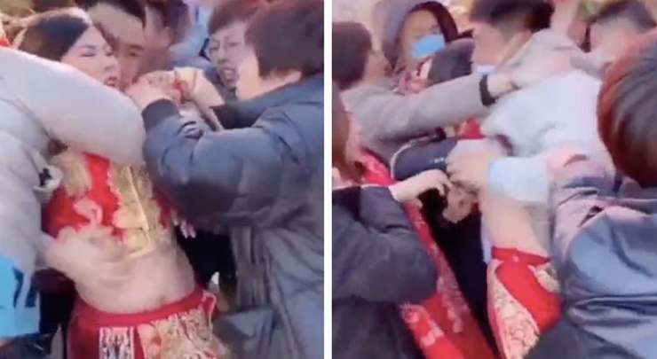 内地近日再流传的婚闹事件中，新娘疑被多名男子推挤。网上图片