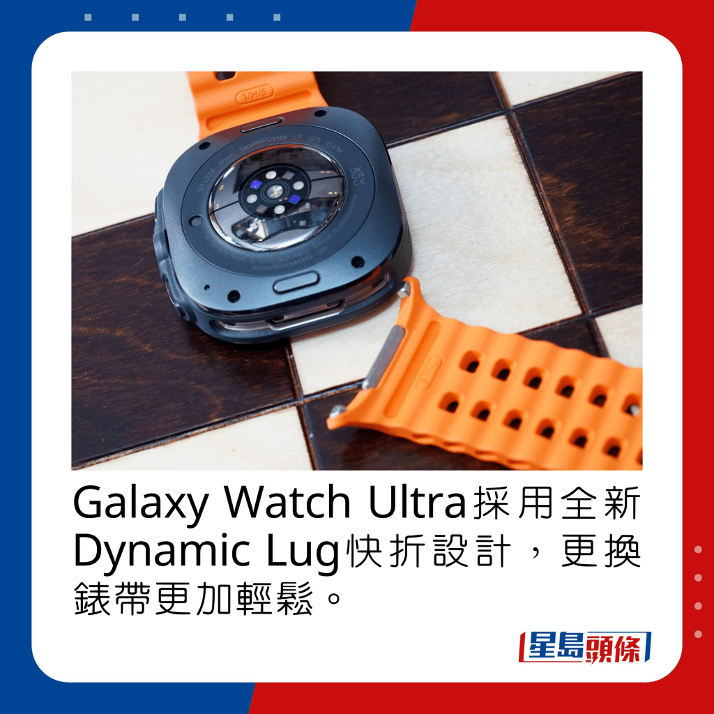 Galaxy Watch Ultra采用全新Dynamic Lug快折设计，更换表带更加轻松。