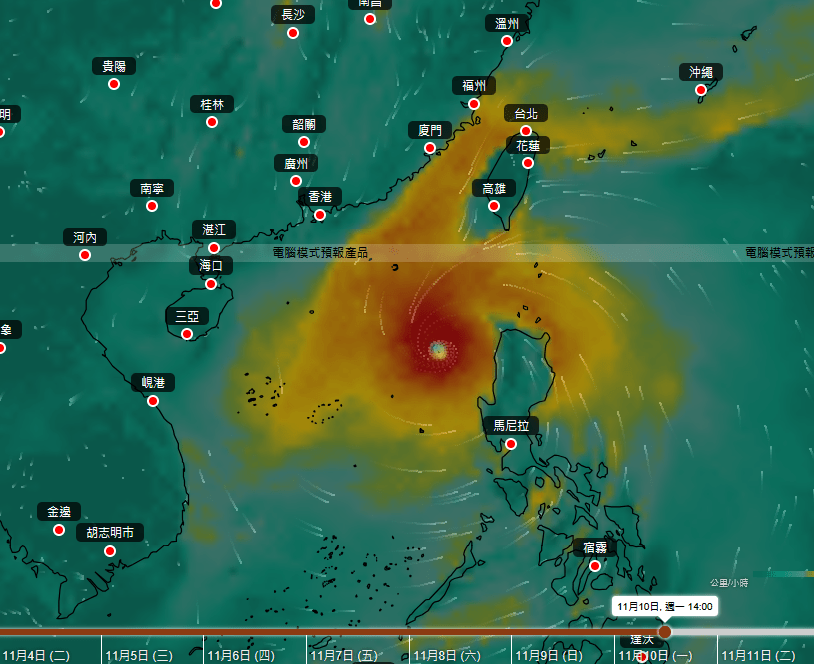 會在11月10日左右穿過菲律賓進入南海，然後向西北方向移動。天文台圖片