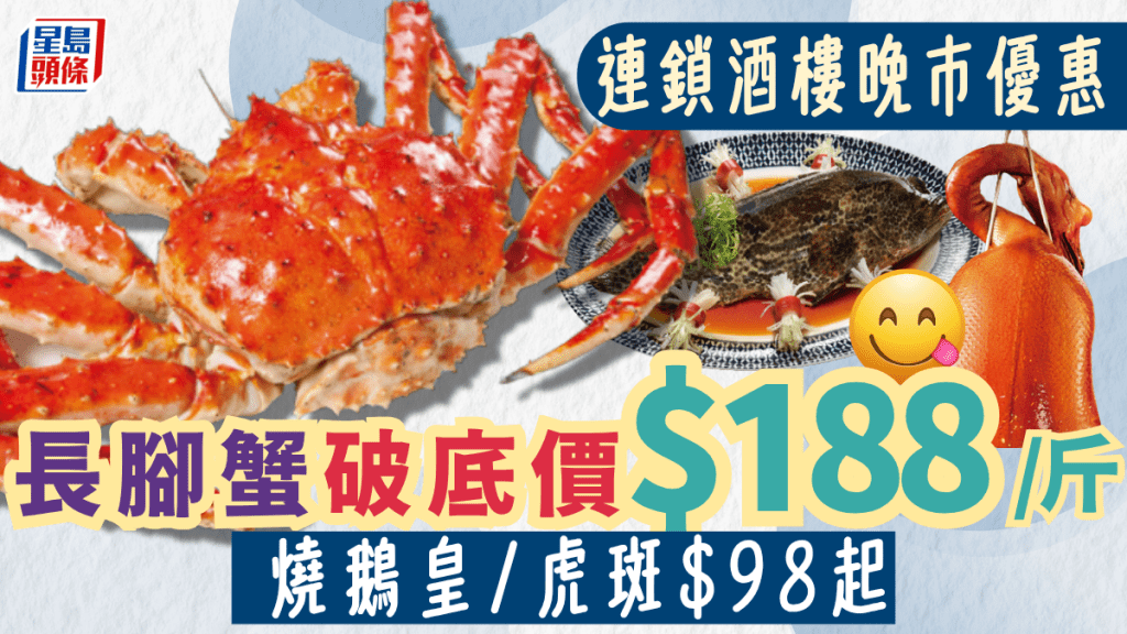 連鎖酒樓晚市優惠！長腳蟹破底價$188/斤 燒鵝皇/虎斑$98起 全線分店都有平