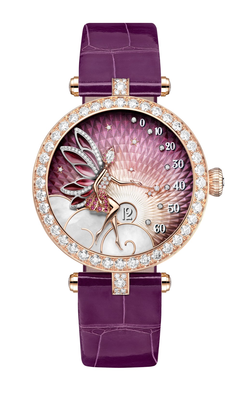 Lady Féerie Or Rose腕錶，守護仙子身穿粉紅色藍寶石及鑽石連身裙，粉紅色彩繪玻璃琺瑯翅膀與天空色彩互相呼應。天空以璣鏤雕花珍珠母貝雕琢而成，並鑲嵌鑽石。仙子靜坐於雲朵上，在逆跳機芯的配合下以魔法棒指示分鐘，太陽透過珍珠母貝顯示窗指示小時。