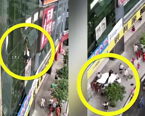 男童雙手抓住窗邊，身體懸掛半空（左），墮下時將床單砸穿（右）。（網圖）