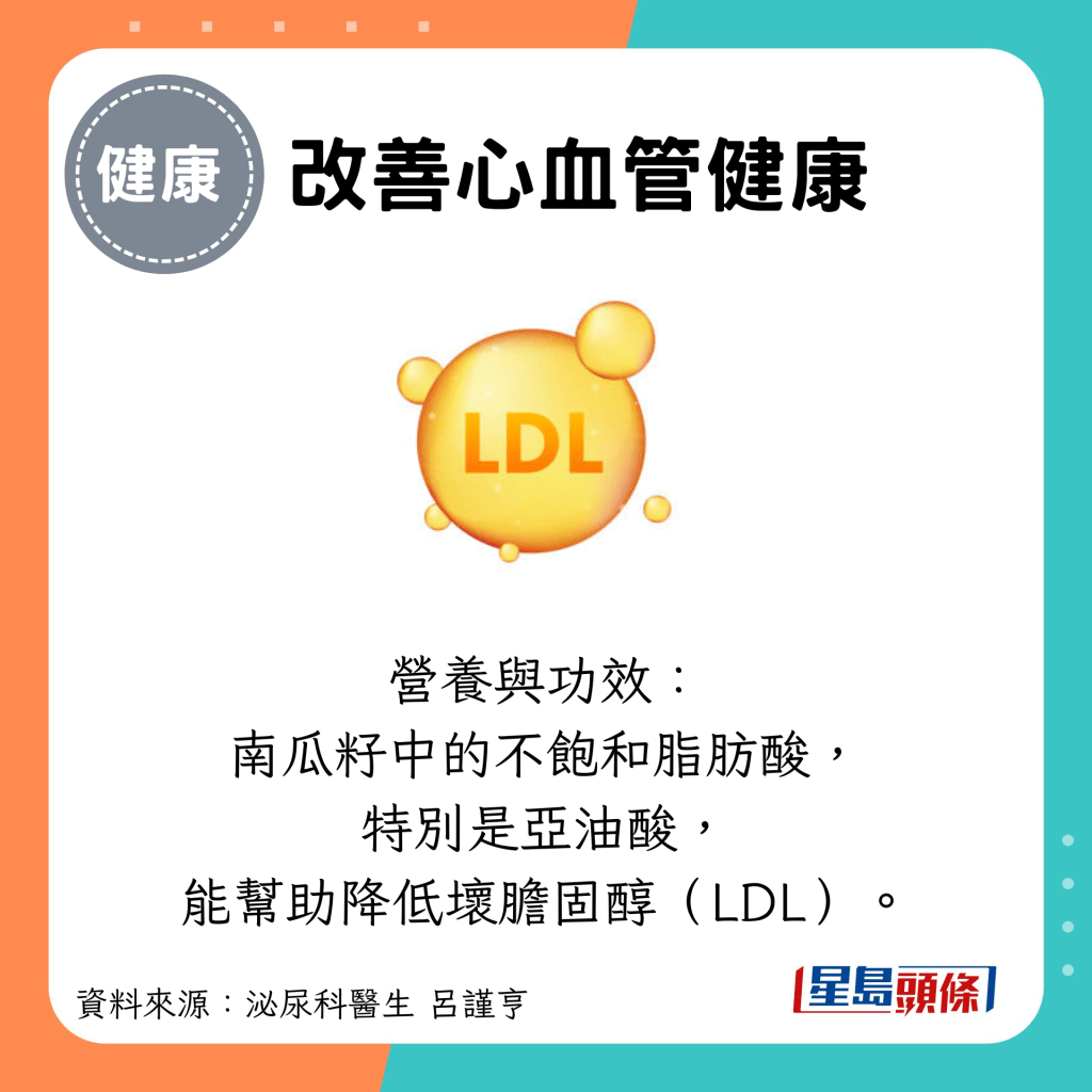 营养与功效： 南瓜籽中的不饱和脂肪酸， 特别是亚油酸， 能帮助降低坏胆固醇（LDL）。