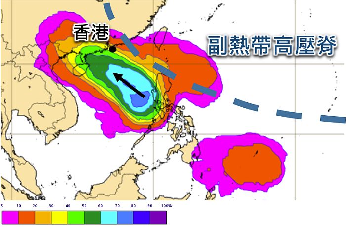 歐洲中期天氣預報中心預測下周初至中期的熱帶氣旋出現概率分佈圖。圖中偏紅色代表概率較低,而藍色則代表較高。天文台