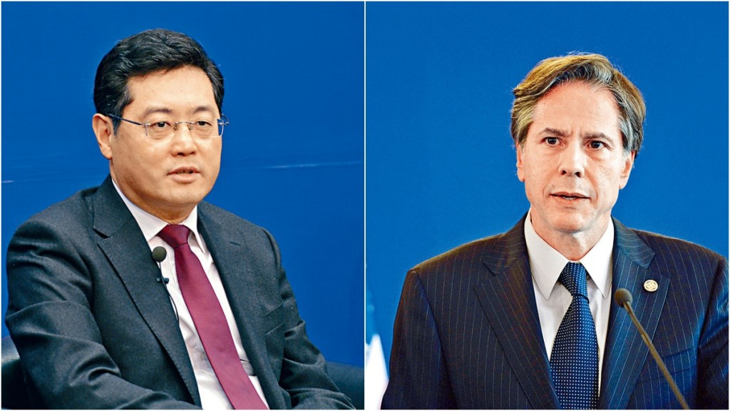 新任外交部長秦剛(左)與美國國務卿布林肯(右)通電話。資料圖片及AP資料圖