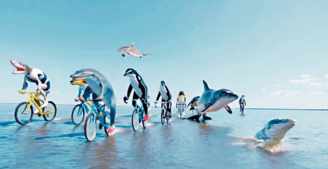 Sora生成的影片显示不同动物在海洋上参加单车比赛。