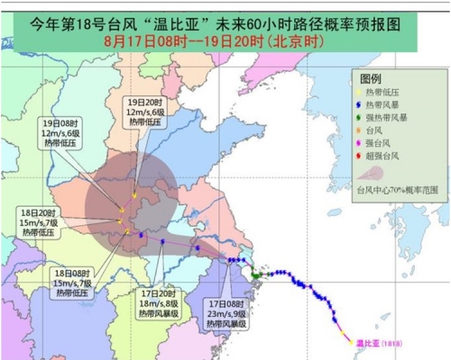 熱帶風暴「溫比亞」清晨登陸上海浦東新區南部沿海。網圖