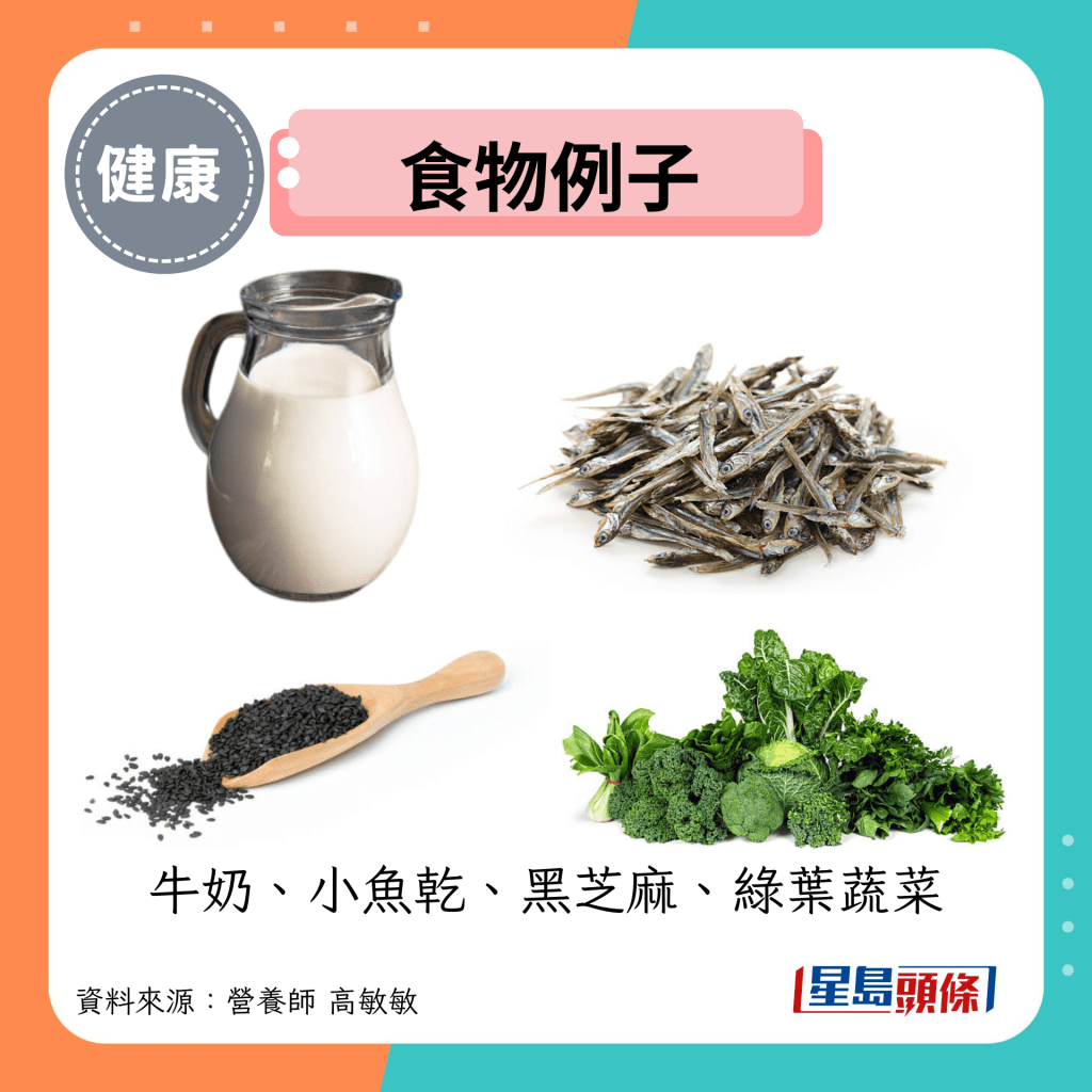 食物例子：牛奶、小魚乾、黑芝麻、綠葉蔬菜