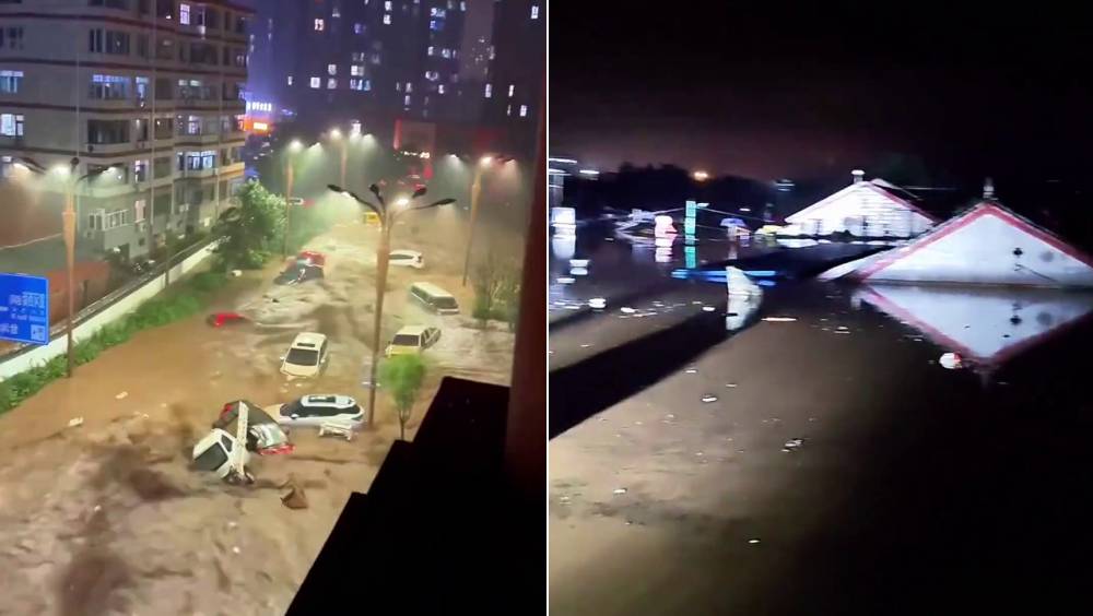 河北寬城強降雨 道路被水浸多車被沖走村民被困屋頂。