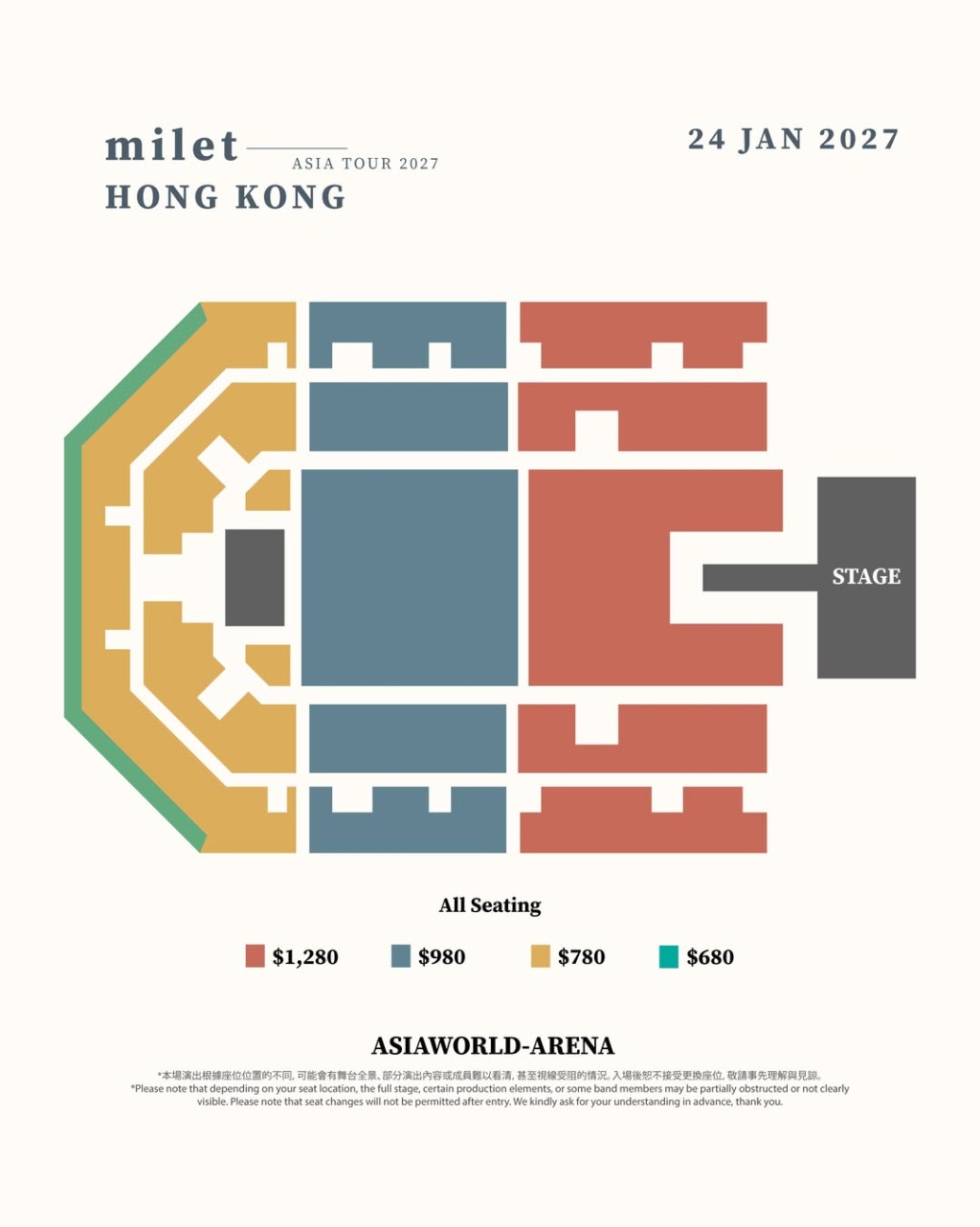 milet香港演唱會「milet Asia Tour 2027」，香港站定於 2027 年 1 月舉行。（圖為座位表）