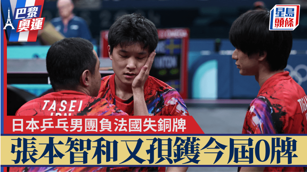 乒乓男團銅牌戰日本2:3負法國,張本智和今屆食白果。Reuters