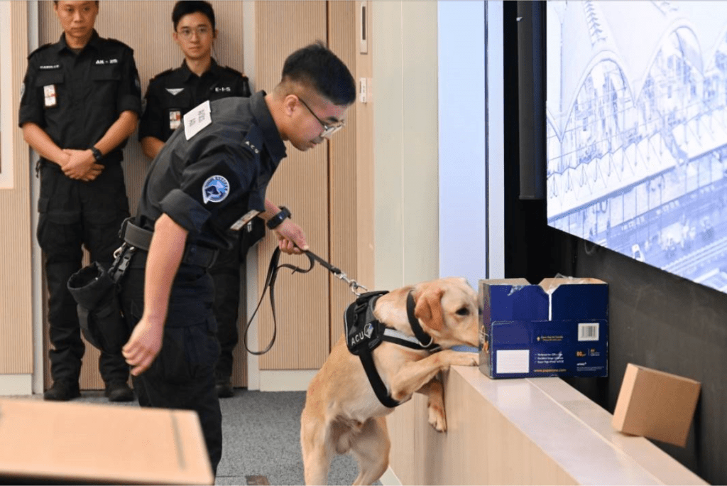 毕业学员倪嘉晖与犬只Kilo进行爆炸品嗅探示范。