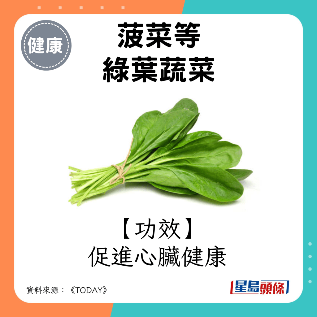 菠菜功效：促進心臟健康。