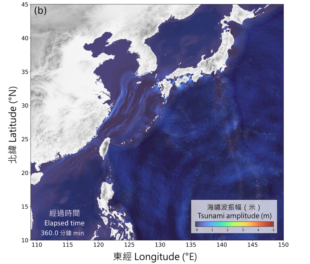 南海海槽M9.1級地震其中可能發生的海嘯情景模擬結果。在巨大地震發生後6小時的海嘯波振幅。天文台圖片