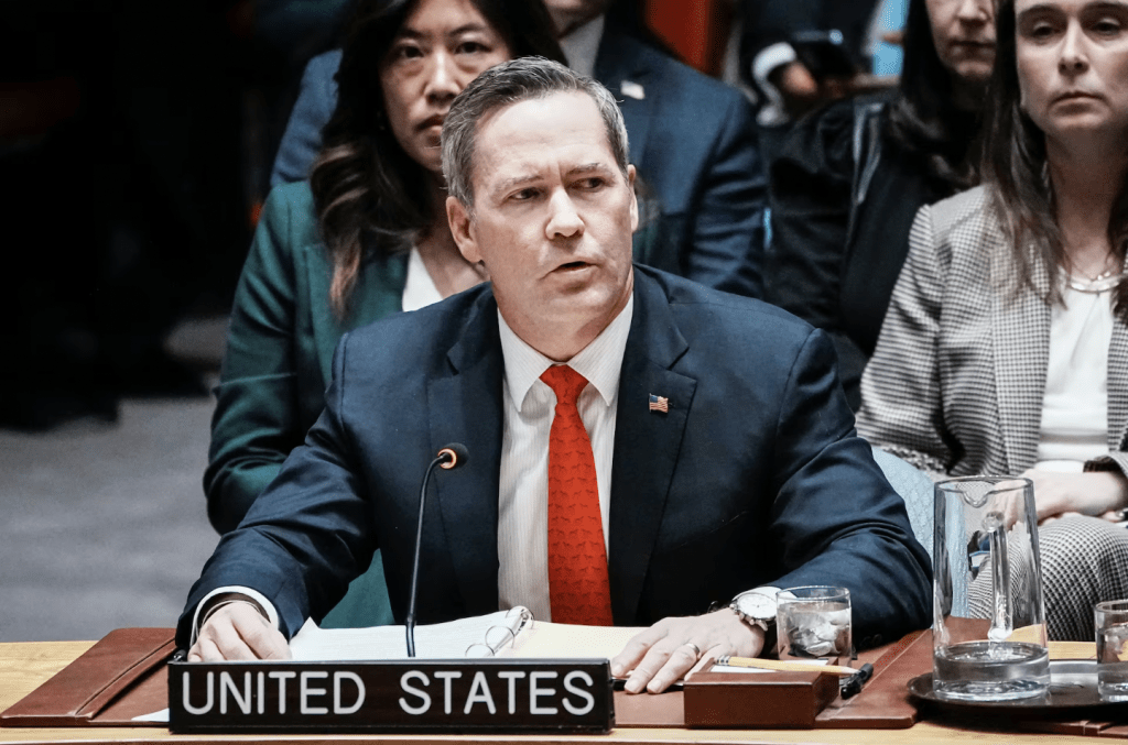 美國常駐聯合國代表邁克爾·沃爾茲在紐約聯合國總部舉行的聯合國安理會會議上發言。路透社