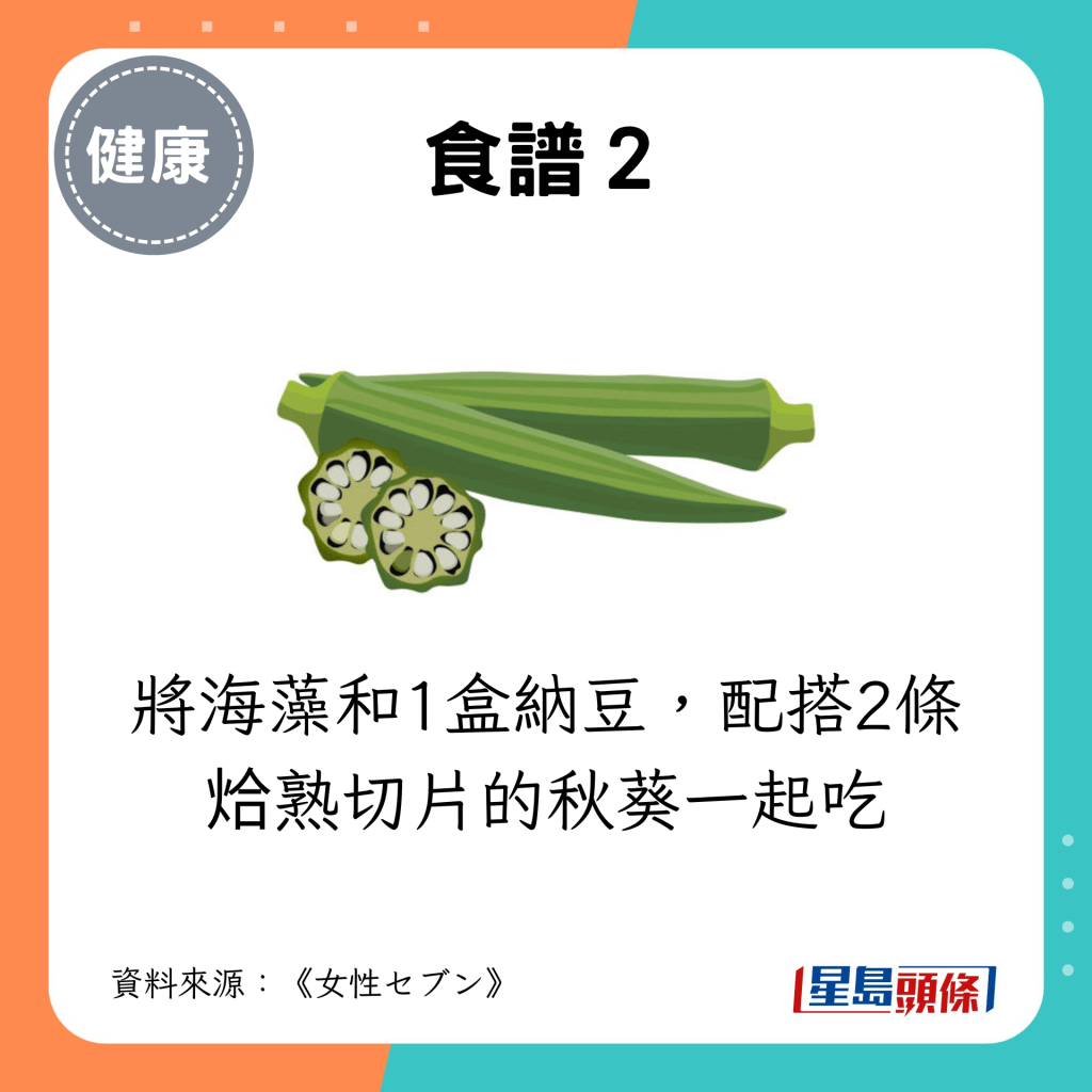 食谱２：将海藻和1盒纳豆，配搭2条烚熟切片的秋葵一起吃