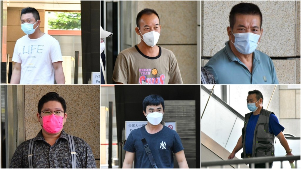 被告左上起：庄恢濤、蒙智獎、周福亮（右）；被告左下起：陳揮程、黃德厚、周生。