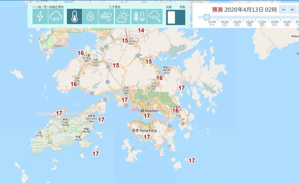 天文台自動分區天氣預報，凌晨2時新界的打鼓嶺預料氣溫只有14度，上水、石崗、大埔只有15度。