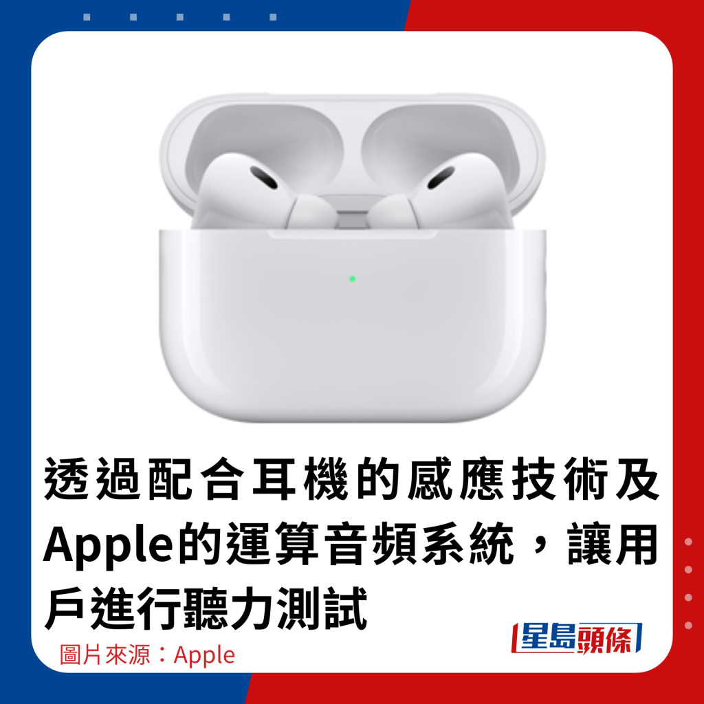 透过配合耳机的感应技术及Apple的运算音频系统，让用户进行听力测试