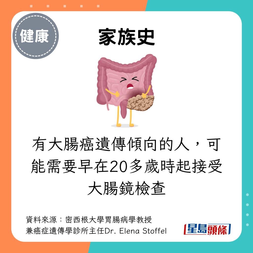 有大肠癌遗传倾向的人，可能需要早在20多岁时起接受大肠镜检查