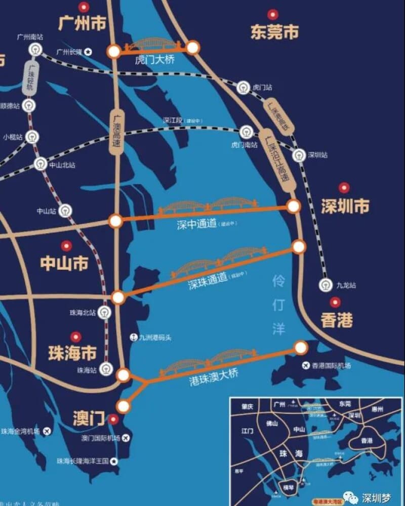 深中通道位於港珠澳大橋的北面，對上就是連接廣州市及東莞市的虎門大橋。