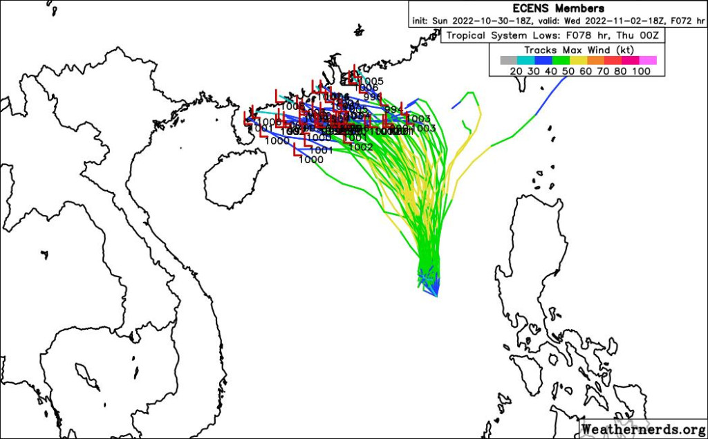 歐洲中期天氣預報中心（ECMWF）模式集合預報，部分成員預報尼格登陸香港。地下天文台FB圖片