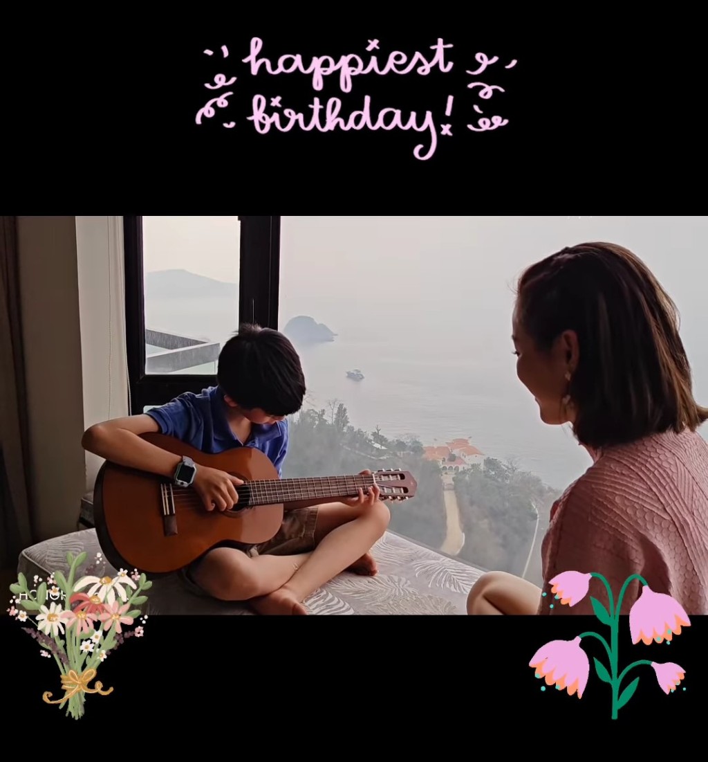 陈茵媺今日（2日）在IG分享了昨日庆生的影片，大仔Aiden弹结他贺妈妈生日。