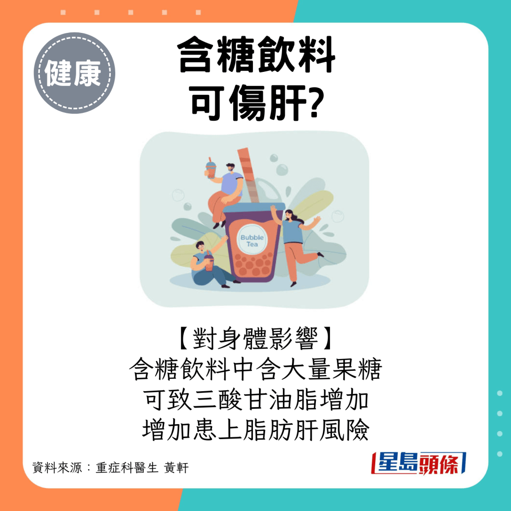 含糖饮料中含有大量果糖，当身体摄入过量时，肝脏无法有效处理，导致三酸甘油脂的合成增加，增加患上脂肪肝风险。