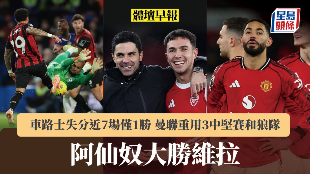 体坛早报｜阿仙奴大胜维拉 曼联重用3中坚赛和狼队 车路士失分近7场仅1胜。路透社