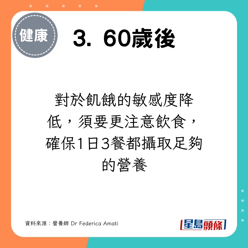 另外，對於飢餓的敏感度降低，須要更注意飲食，確保1日3餐都攝取足夠的營養