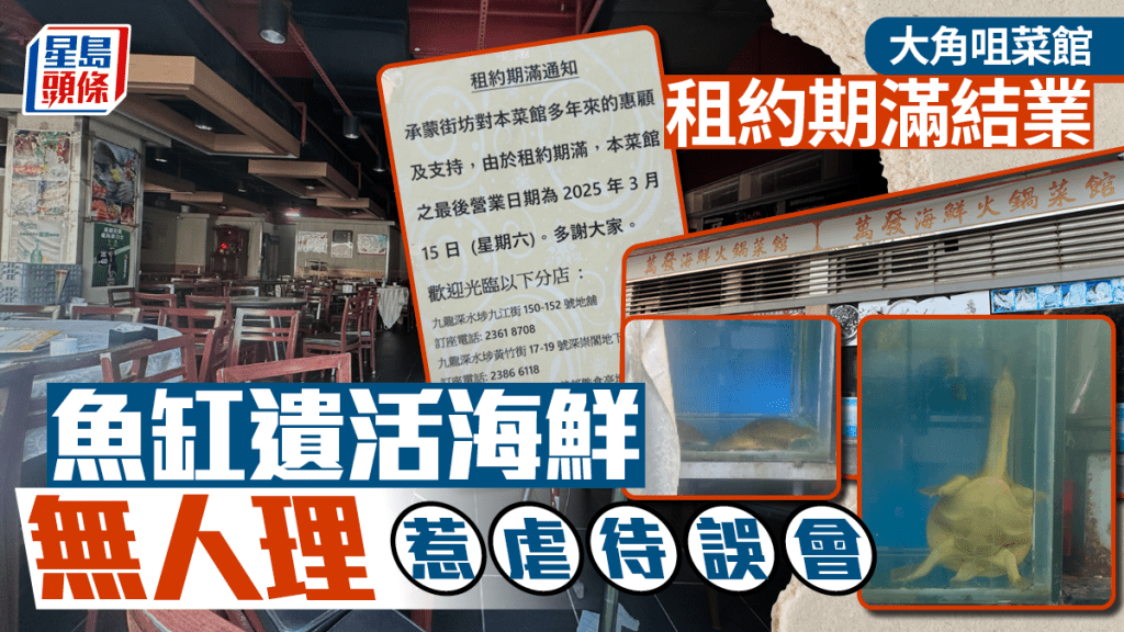 菜館結業但魚缸內遺下水產,有待處理。梁國峰攝