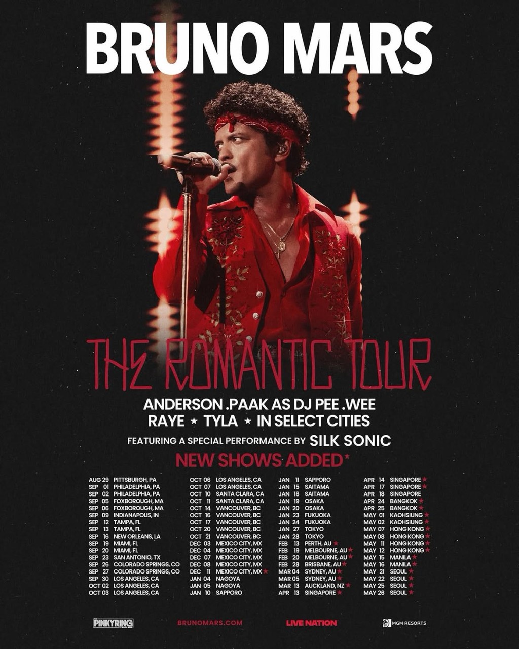 Bruno Mars今日(27日)宣布將《The Romantic Tour》世界巡迴演唱會。 Bruno Mars今日(27日)宣布將《The Romantic Tour》世界巡迴演唱會。