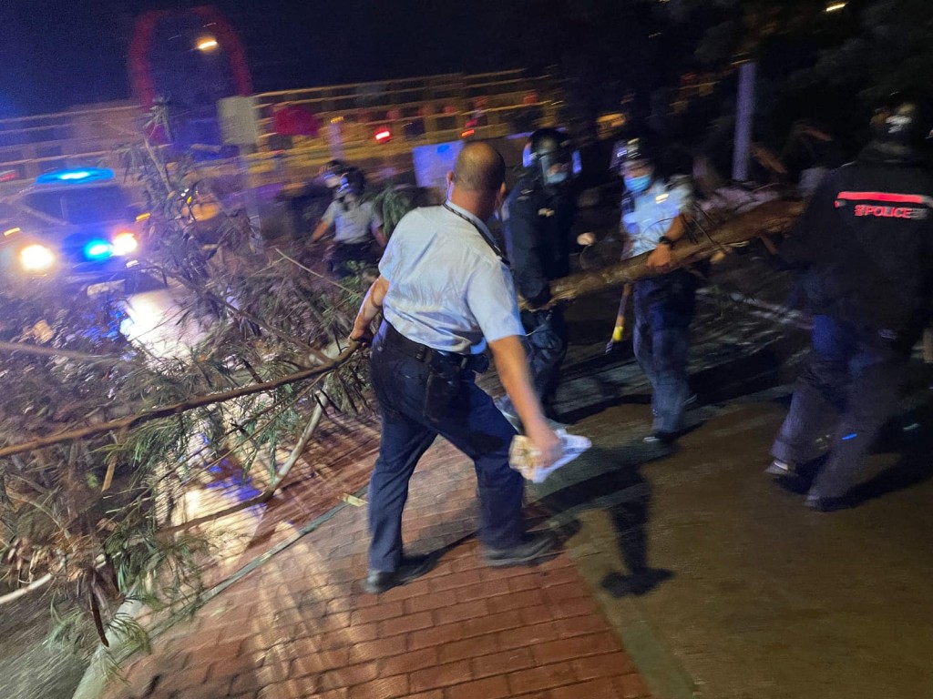 警員用工具移除倒塌樹木，令道路立即回復暢通。香港警察fb圖片