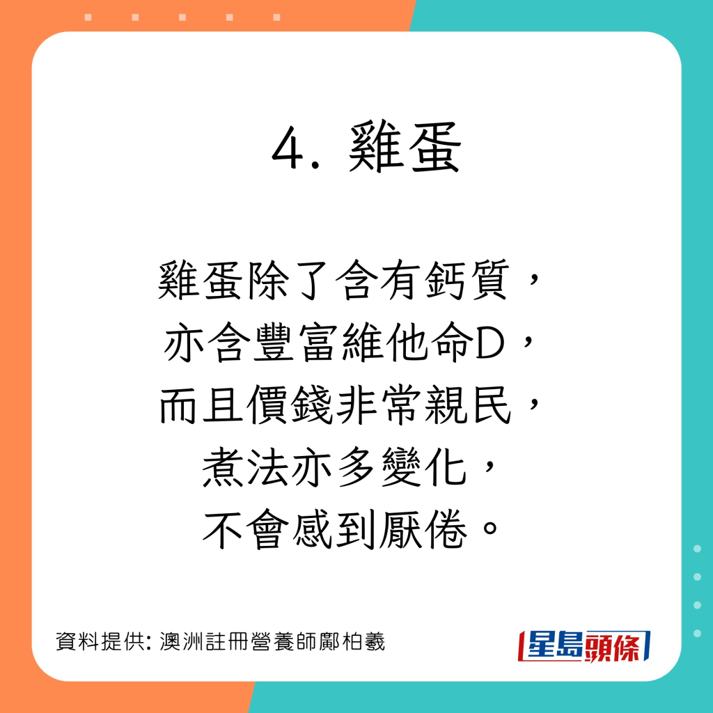 澳洲註冊營養師鄺柏羲（Dominic）為大家推介5款高鈣食物。