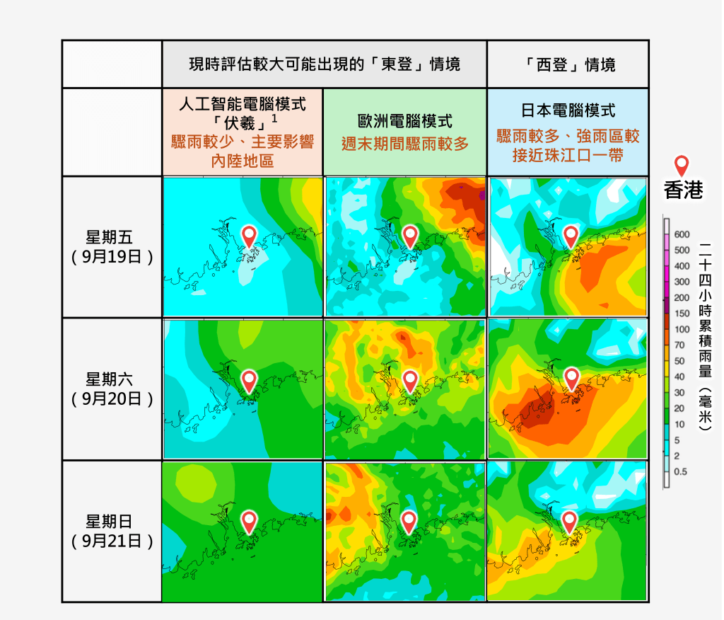 星期五及週末期間珠江口一帶的雨量預報。