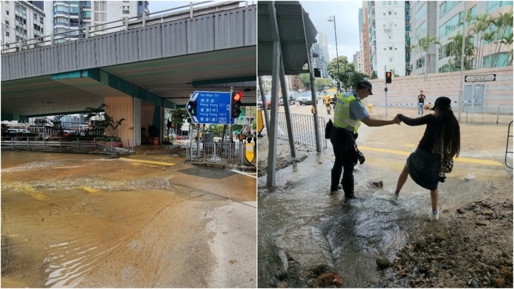 太子道西爆水管淪澤國 多條行車線封閉交通繁忙