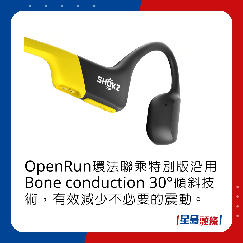 OpenRun環法聯乘特別版沿用Bone conduction 30°傾斜技術，有效減少不必要的震動。