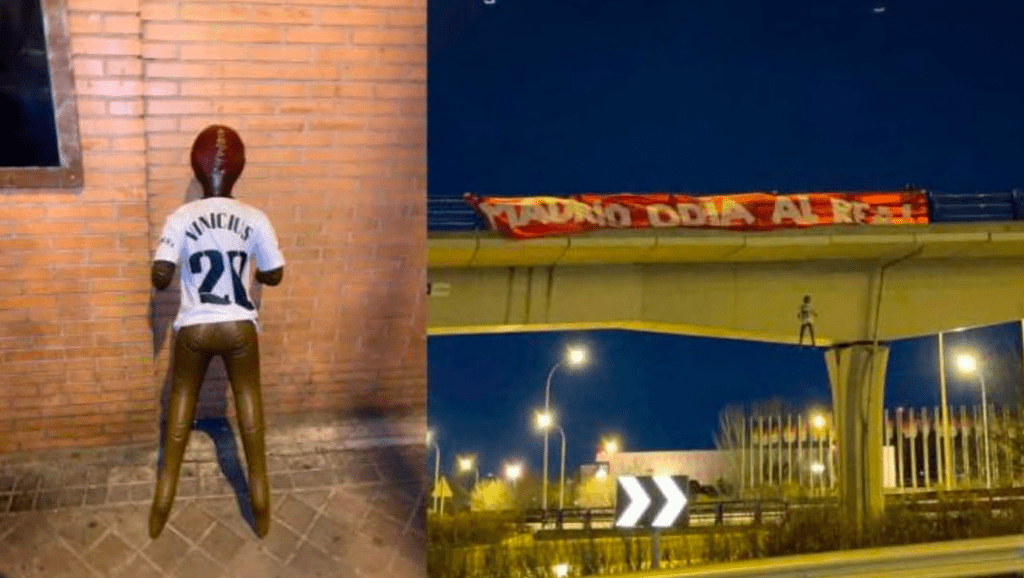 西班牙警方昨日拘捕４名馬德里球迷，涉嫌在一處公路展示雲尼斯奧斯的人偶和憎恨的橫額。網上圖片