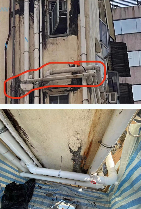 該影片附有更換管道前後的相片，上面一張為舊有管道，下面一張已清除樹根後更換的新管道。