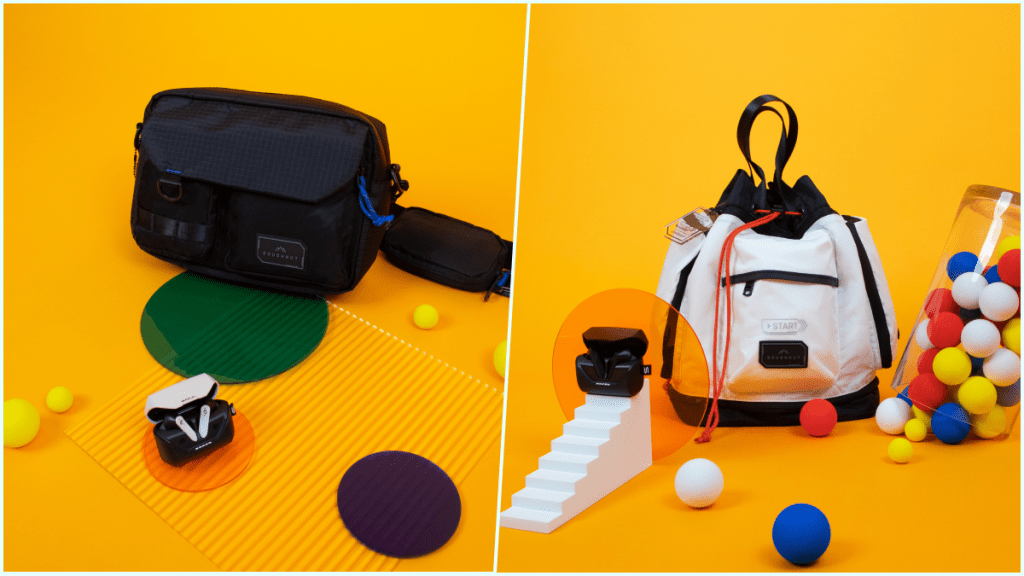 左：SOUL S-PLAY 机动白配 Doughnut 哑光幻彩金属配件黑色版 Mission Black（$699，原价$948）、右：SOUL S-PLAY 奥米加黑配 Doughnut 半透布料隐约透出印花图案白色版 Pyramid White（$799，原价$1,118）